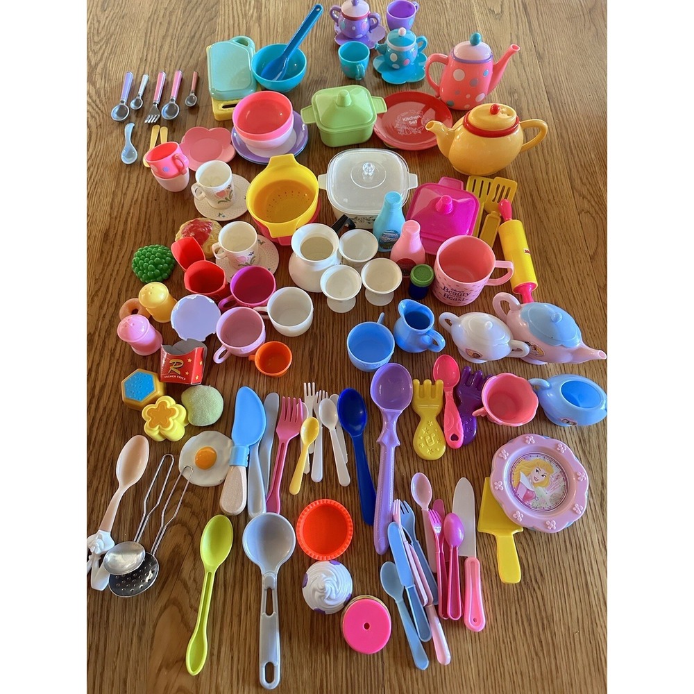 Huge Lot Play‎ Dishes Disney and more Tea Set Utensils Plastic Pretend Kitchen